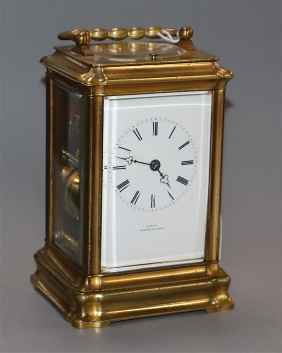 A French brass carriage clock by Ellis of Exeter and Paris, No. 905, lower platform escapement movement with push repeat and key height